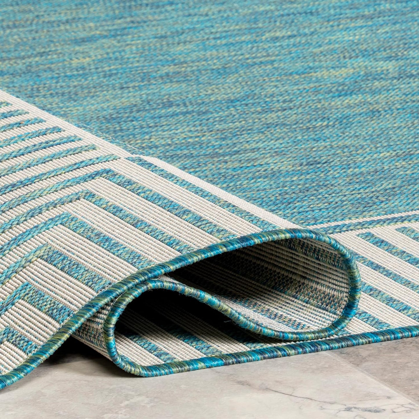 nuLOOM 4' x 6' Outdoor Area Rug, Casual Design With Striped Border, Stain Resistant, Highly Durable, For Patio, Balcony, Bedroom, Living Room, Dining Room, Bathroom, Teal
