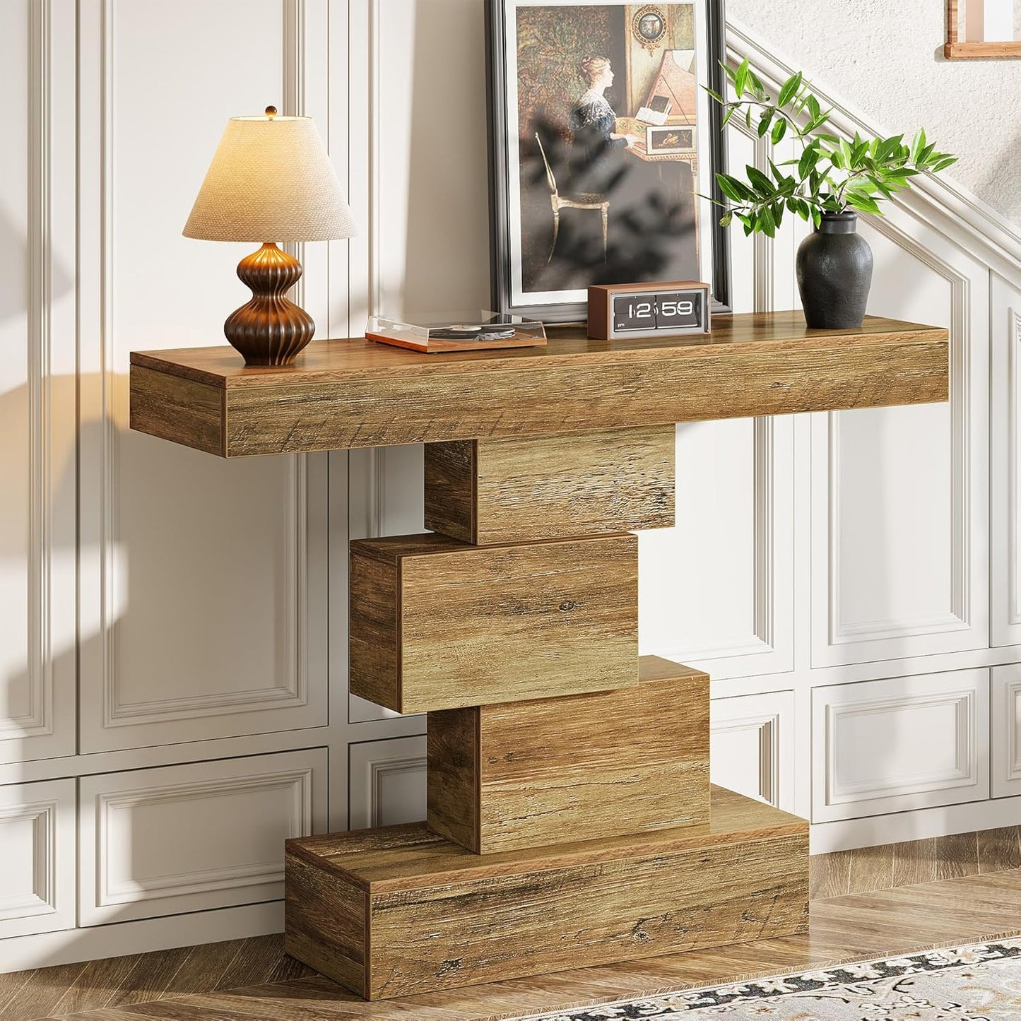 Tribesigns 42.5" Farmhouse Console Table, Narrow Wood Sofa Table Behind Couch with Geometric Base, Industrial Entryway Accent Table for Living Room, Hallway, Entrance (Light Brown)