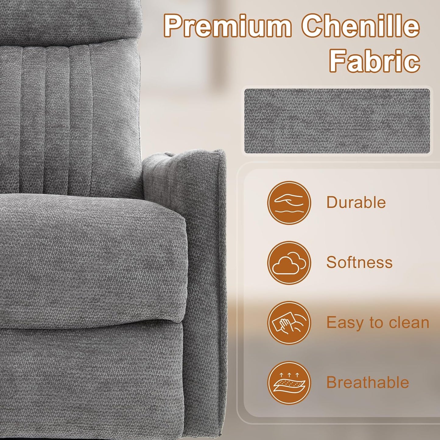 Manual Swivel Rocker Recliner Chair for Adults, Overstuffed Reclining Glider Chair for Nursing with Vibration Massage & Heat, Living Room Rocking Recliner 2-Stage backrest, Chenille Fabric Dark Gray