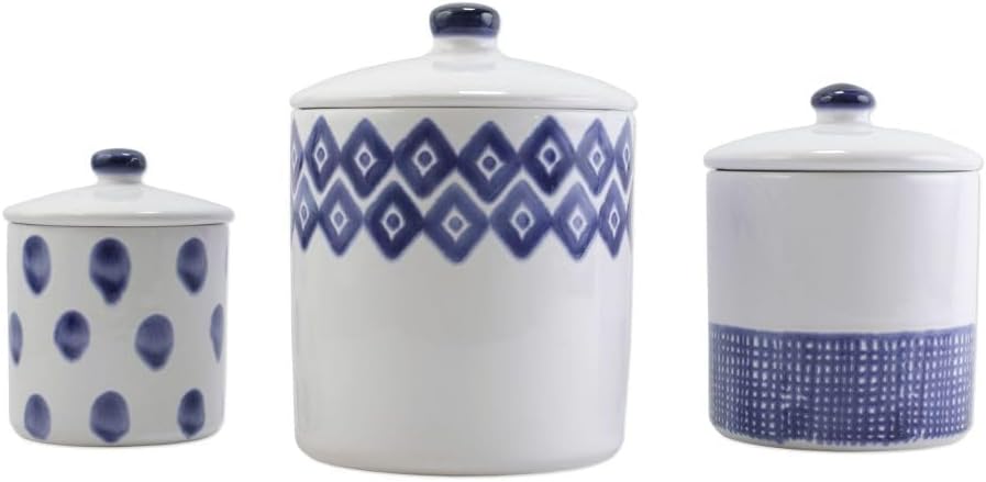 Vietri Viva Santorini Canister Set Decorative Ceramic Kitchen Storage with Lids for Countertop 5 to 7.5 Inch Blue White