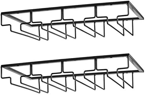Wine Glass Rack - Under Cabinet Stemware Wine Glass Holder Glasses Storage Hanger 2 Pack Metal Organizer for Bar Kitchen 4 Rows Black