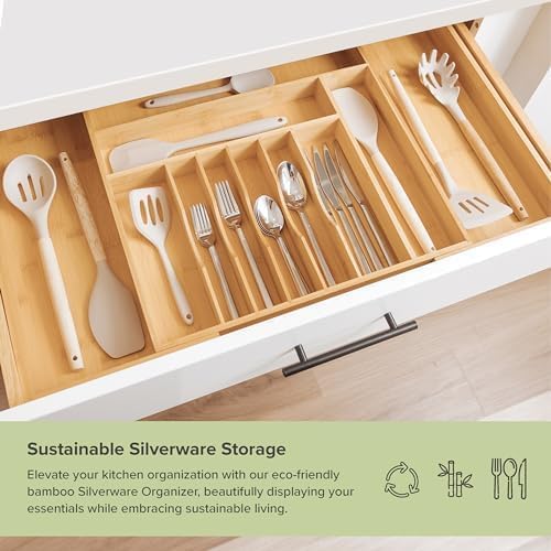 Premium Silverware, Flatware and Utensil Organizer for Kitchen Drawers, Food-Safe Contract Grade, Expandable from 18 to 33 In, Natural Bamboo