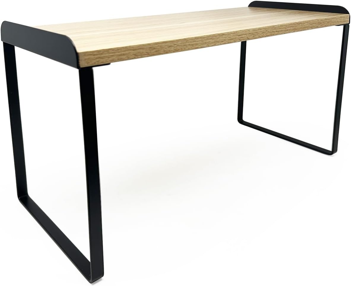 Mitus Shelf Organizer and Storage, Tiered Wood Cabinet Rack for The Kitchen Counter, Bathroom Counter, Pantry Cupboard, Office Desk Bookshelf, 16" Wide Natural and Black (Large)