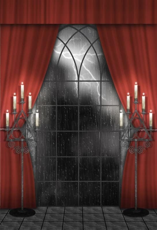 Renaiss 8x10ft Vintage Gothic Window Backdrop Red Curtain Candlestick Black Floor Lightning Stormy Sky Vampire Medieval Castle Photography Background Halloween Dress Up Party Decors Photo Booth Props