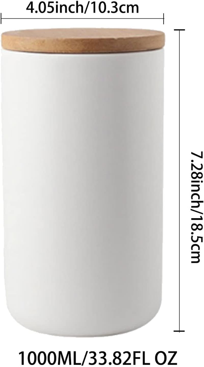 Ceramic Food Storage Jar Canister Modern Design Food Canisters with Airtight Seal Bamboo Lid, Loose Tea Coffee Spice Nuts Snacks Storage Jar Canister (White 33.81oz/1000ml)