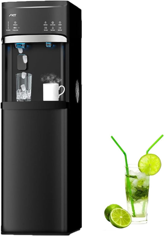 IKT Self-Cleaning Bottom Load Hot and Cold Water Cooler Dispenser with Ice Maker for 5 Gallon Bottle 22lbs Daily Capacity Perfect for Home Black