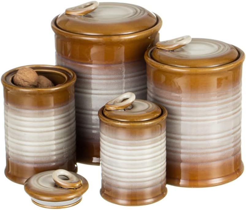 Nihow Ceramic Food Storage Jar Sets: Container with Air Tight Ceramic Lid for Flour/Sugar/Rice/Coffee/Cookies/Candy - Seal Damp-proof Canister for The Kitchen - Set of 4 (Brown)