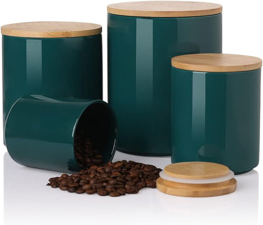 Sweejar Ceramic Canisters Set, Food Storage Jars with Airtight Seal Bamboo Lid, Stackable Containers for Kitchen Counter, Ground Coffee, Flour, Sugar, Cookie, Dog Treats, Candy, Pack of 4 (Jade)