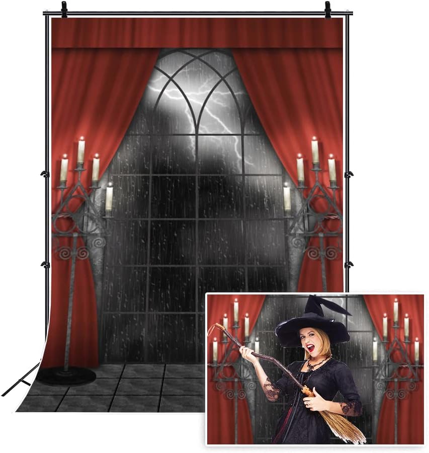 Renaiss 6x8ft Vintage Gothic Window Backdrop Red Curtain Candlestick Black Floor Lightning Stormy Sky Vampire Medieval Castle Photography Background Halloween Dress Up Party Decors Photo Booth Props