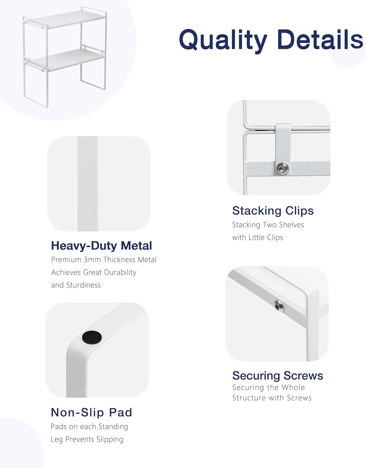 Nxconsu 2Pack Cabinet Shelves Stackable Organizer Rack Riser for Kitchen Cabinet Pantry Cupboard Counter Countertop Home Organization Storage Space Saver Heavy Duty Metal Nonslip White Tall