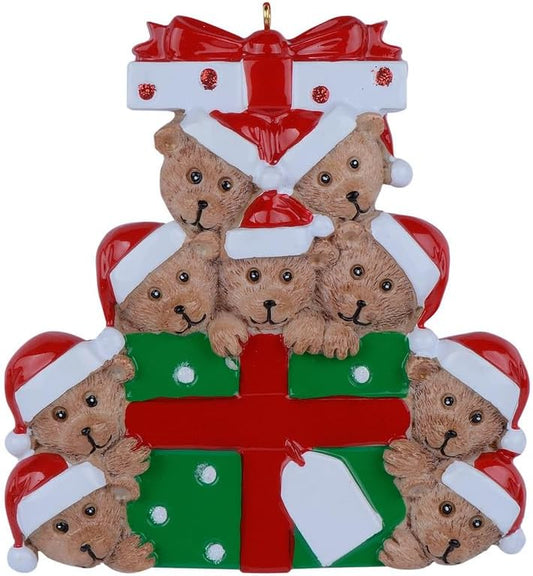 Personalized Bear Family Christmas Ornament 2024, Family of 9 Bear with Gift Box Ornaments for Christmas Tree, Personalized Bear Christmas Ornament, Unique Keepsake Gift for Big Family, Grandkids