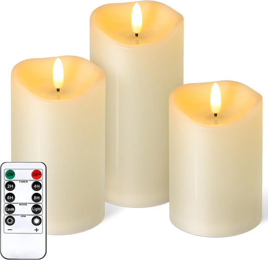 NURADA Outdoor Flameless Candles with Remote Timer - Waterproof Realistic Flickering LED Pillar Electric Battery Operated Fake Candle for Holiday Home Wedding Fireplace Decor - 3 Pack Ivory