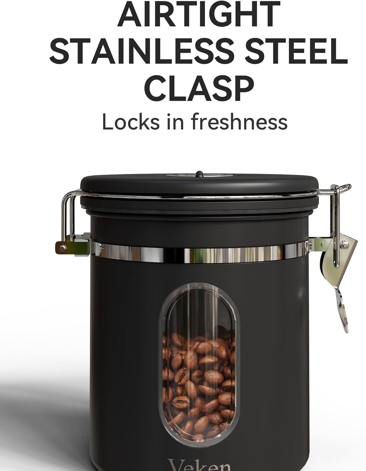Veken Coffee Canister with Window, Airtight Stainless Steel Kitchen Food Storage Container with Date Tracker and Scoop for Grounds Coffee, Beans, Tea, Flour, Cereal, Sugar, 22&16OZ,Black