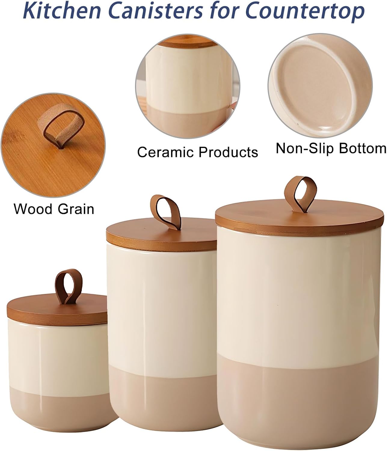 Coffee Canister, Ceramic Food Storage Jars with Lids Salt Matcha Container Brown Sugar Container Bowl for Kitchen Tea, Coffee Beans, Spice (#001Khaki-Set of 3)