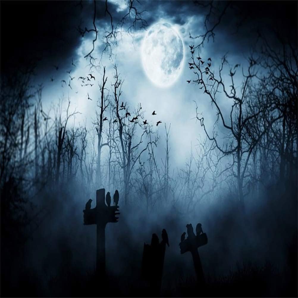 AOFOTO 10x10ft Moon Night Halloween Cemetery Photography Backdrop Flying Bats Birds Stand on Gravestone Cross Graveyard in Dark Forest Photo Background Cloth Vinyl Wallpaper Photo Studio Props