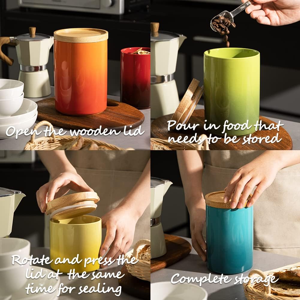Sweejar Ceramic Food Storage Jar, Stackable Kitchen Canisters, Containers with Airtight Seal Wooden Lid for Serving Ground Coffee, Tea, Sugar, Salt and More - 16 Fl Oz (Gradient Red)