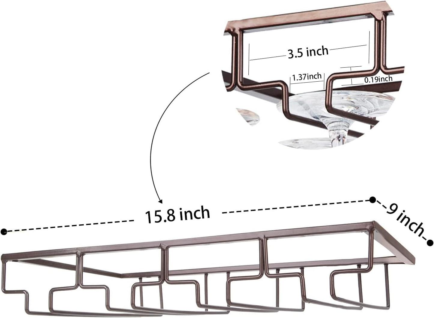 Wine Glass Rack Under Cabinet - Stemware Holder Metal Wine Glass Organizer Glasses Storage Hanger for Bar Kitchen Brown 4 Rows