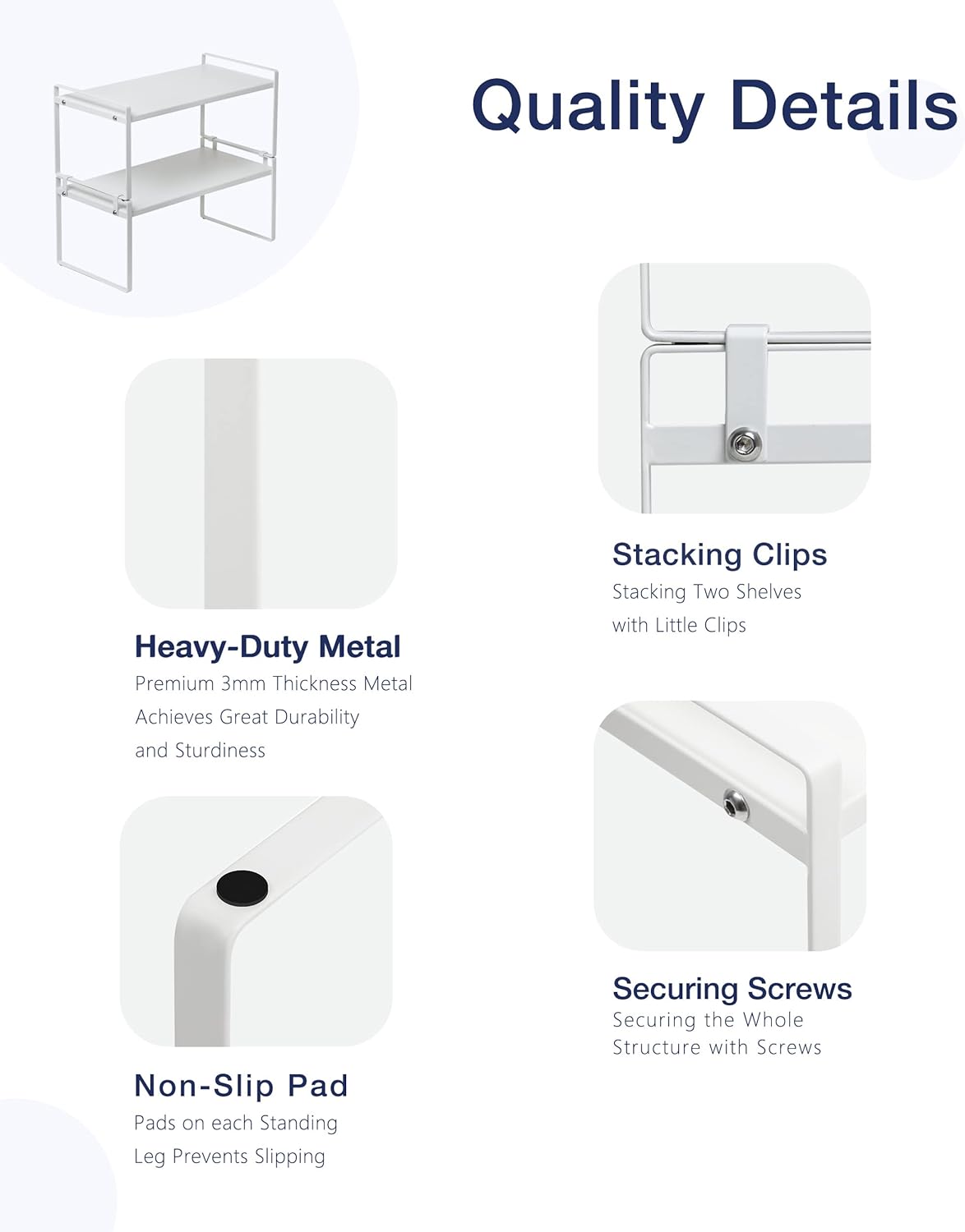 Nxconsu 2Pack Cabinet Shelves Stackable Shelf Organizer Rack Riser for Kitchen Cabinet Pantry Cupboard Counter Countertop Home Organization Storage Space Saver Heavy Duty Metal Nonslip White