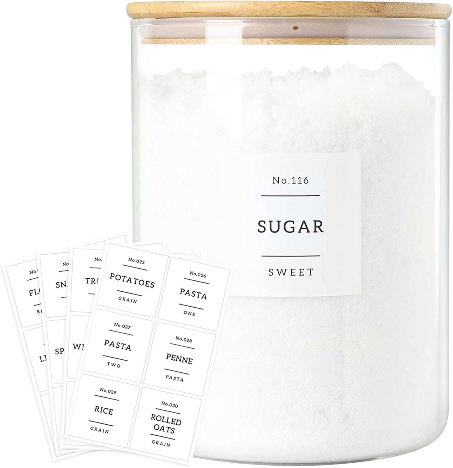 Large Glass Flour and Sugar Containers Jars with Bamboo Airtight Lid - 100 Fl Oz (3000ml) with Kitchen 42 Pantry Labels for Dry Food, Flour, Pasta, Cereal
