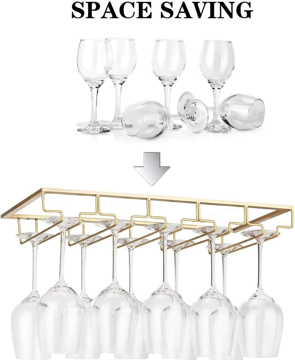 Wine Glass Rack - Under Cabinet Stemware Wine Glass Holder Glasses Storage Hanger 2 Pack Metal Organizer for Bar Kitchen 5 Rows Gold