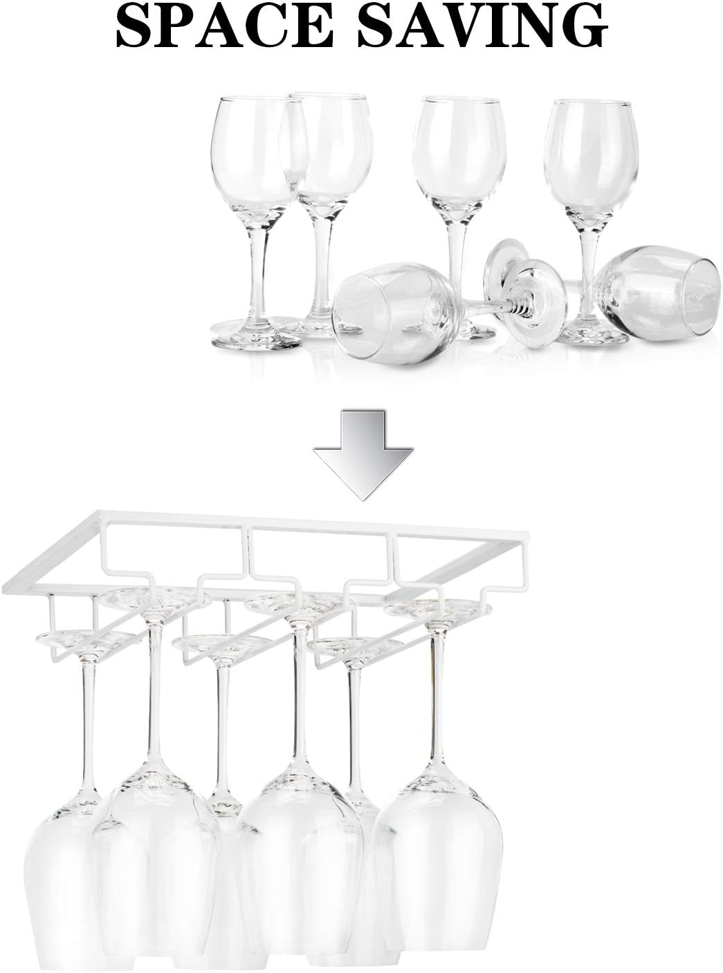 Wine Glass Rack - Under Cabinet Stemware Wine Glass Holder Glasses Storage Hanger 2 Pack Metal Organizer for Bar Kitchen White