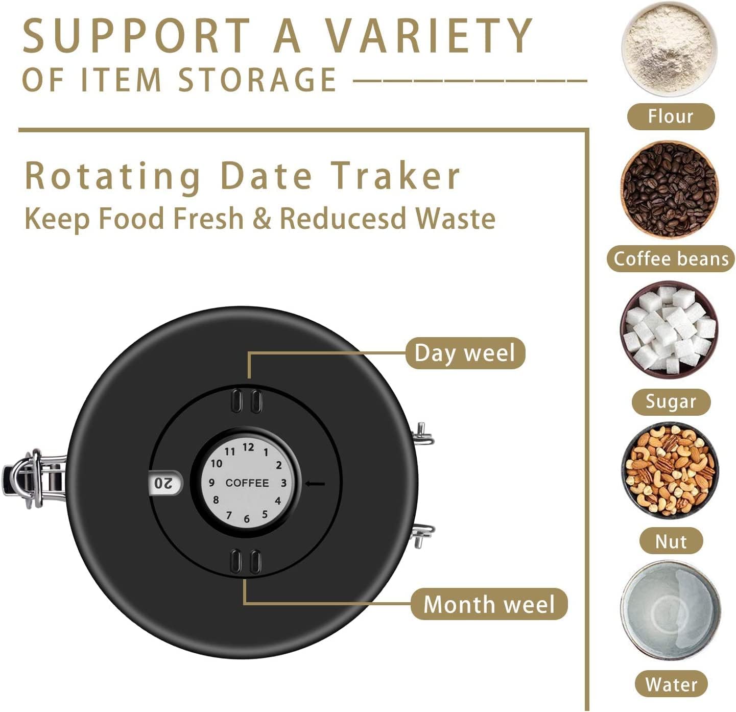 malmo Coffee Canister, Airtight Coffee Container with Date Tracker Lid, Stainless Steel Canister for Kitchen Food Storage (Black, 9oz)