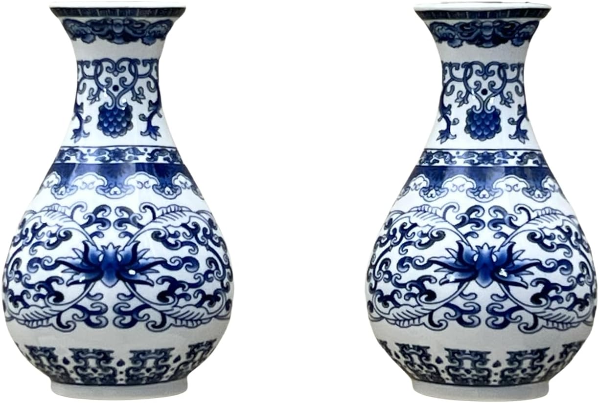 Set of Two Blue and White Porcelain Wall Vases for Flowers – Handmade Chinoiserie Ceramic Wall Mounted Flower Vase, Decorative Hanging Vases for Living Room, Bookshelf & Indoor Décor