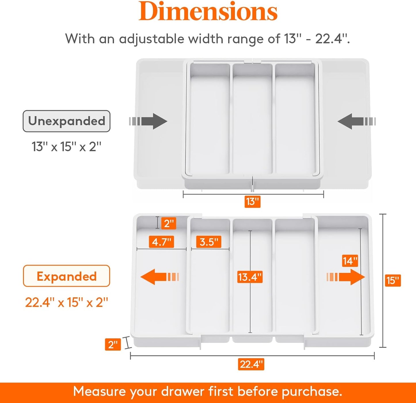 Lifewit Utensil Organizer for Kitchen Drawers, Expandable from 13‘’ to 22.4'', 15'' Depth, Plastic Cutlery Silverware Flatware Holder, Spatula Tools and Gadgets Storage, Large, White
