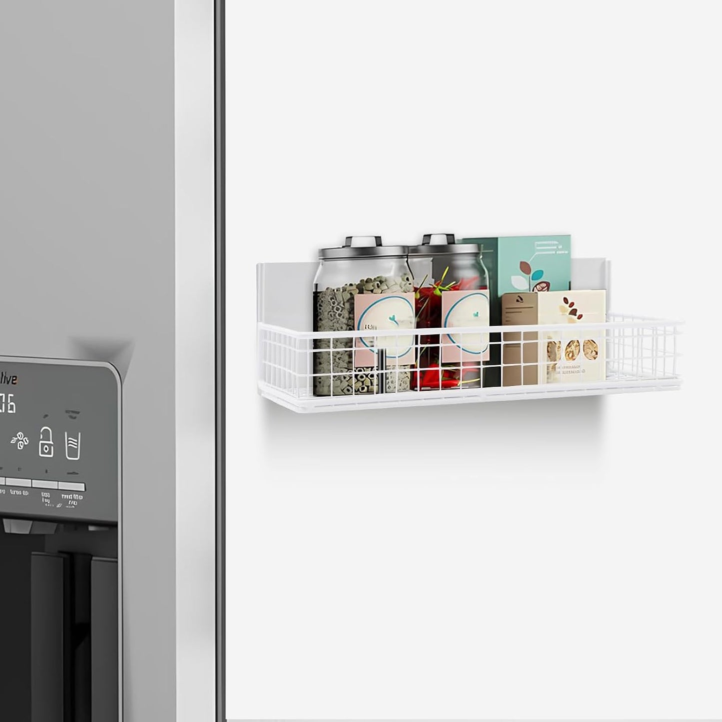 Magnetic Basket, Magnetic Shelf for Fridge, Magnetic Spice Rack for Refrigerator Wire Mesh Magnetic Organizer Holder Accessories for Office Kitchen Classroom Storage,White, 9.44" x 4" x 1.77"