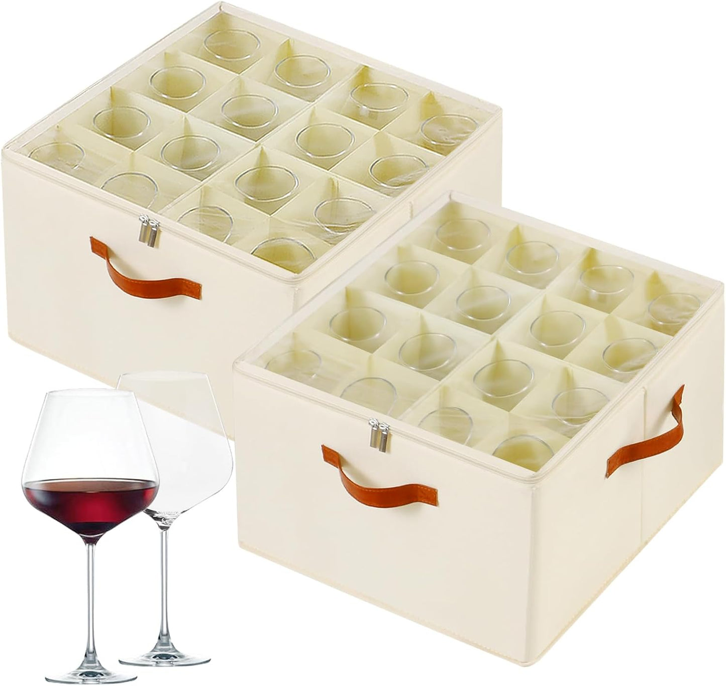 Wine Glass Storage Box with Dividers, 2 Pack Glassware Storage Containers, Stemware Storage Cases Holds 32 Wine Glasses, Stackable Crystal Storage Containers with Clear Cover for Moving，Beige