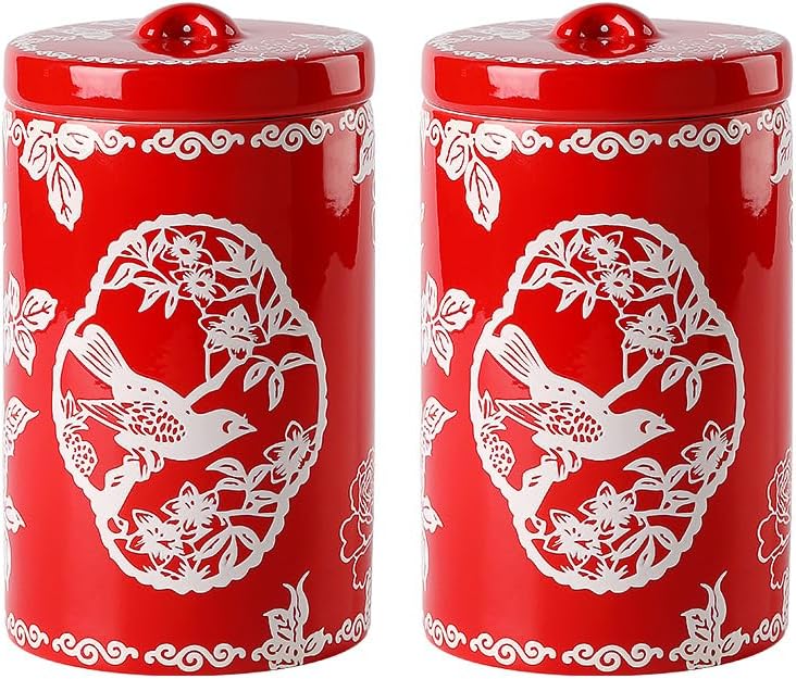 Porlien Bird Porcelain 15-ounce Canisters Set of 2, Food Storage Containers with Lid for Coffee Beans, Tea, Condiments & Nuts, Gifts for Mothers'Day
