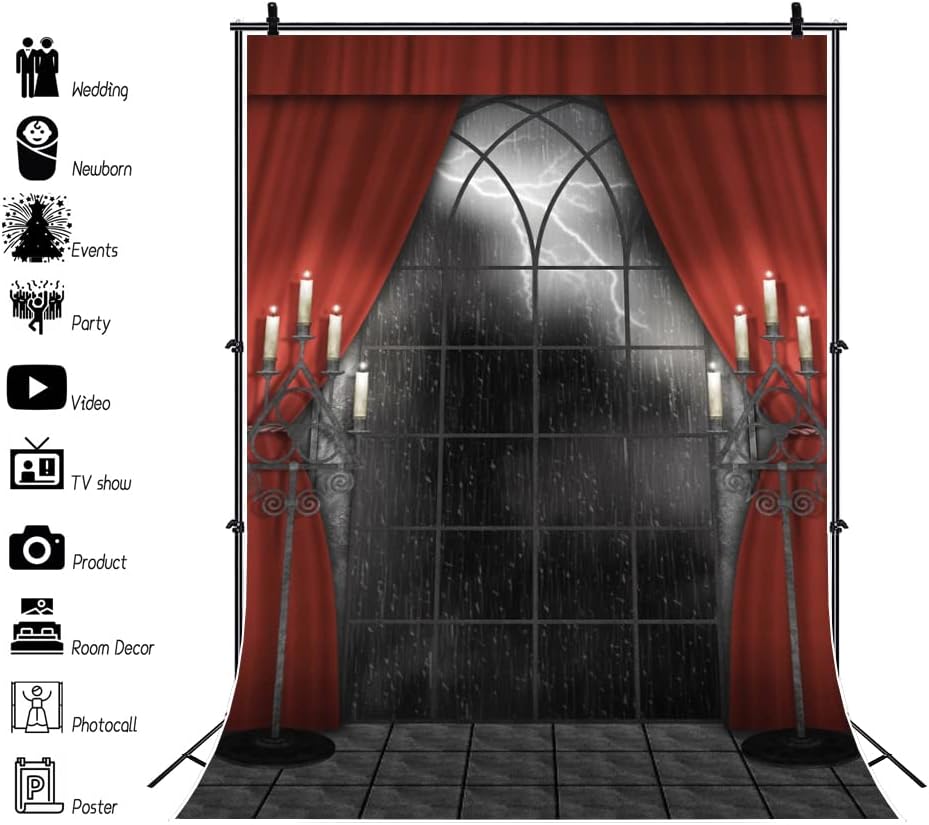 Renaiss 10x12ft Vintage Gothic Window Backdrop Red Curtain Candlestick Black Floor Lightning Stormy Sky Vampire Medieval Castle Photography Background Halloween Dress Up Party Decors Photo Booth Props