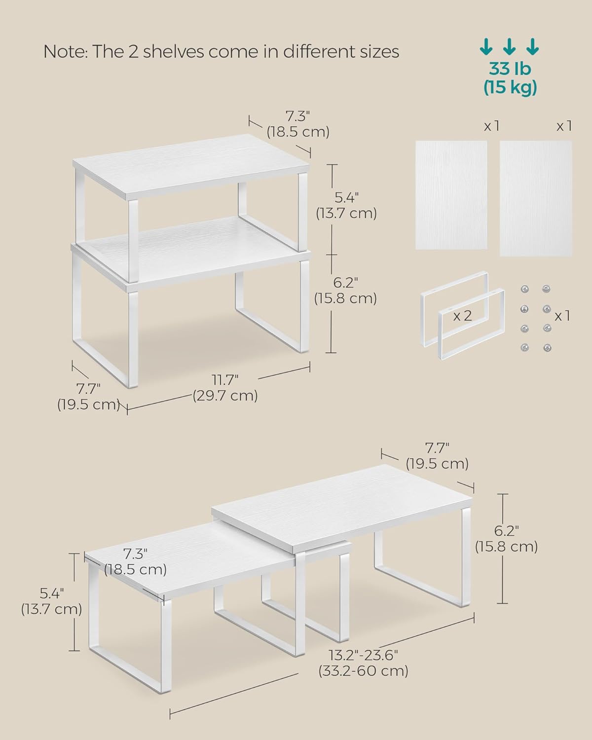 SONGMICS Cabinet Organizer Shelf, Set of 2 Kitchen Counter Shelves, Kitchen Storage, Spice Rack, Stackable, Expandable, Metal and Engineered Wood, Cloud White and Snow White UKCS02W01