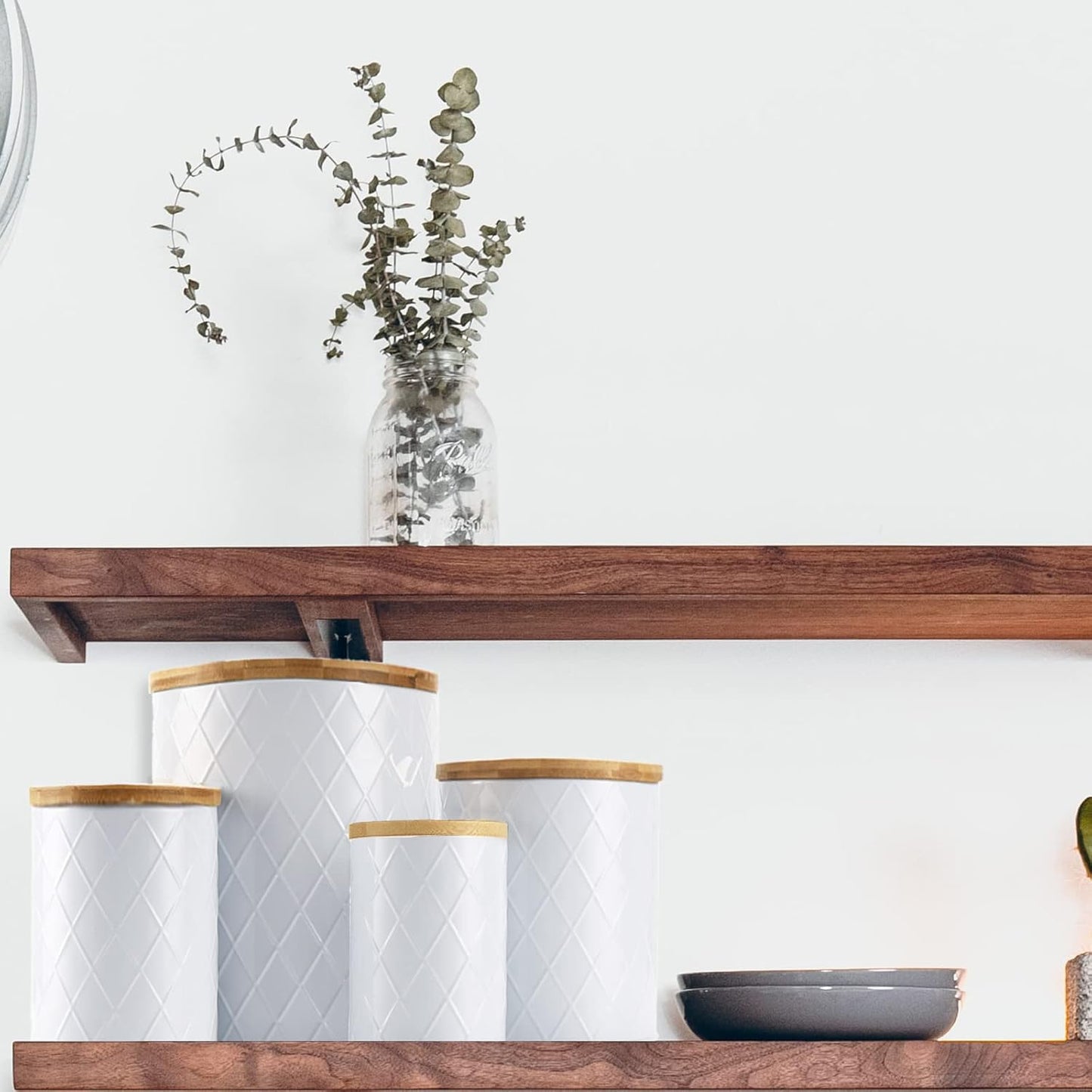 White Kitchen Canisters Set with Bamboo Lids, Airtight Sugar, Flour, Coffee, Cookie Storage Canister Sets for kitchen Countertop, Farmhouse kitchen decor, 4 Pack