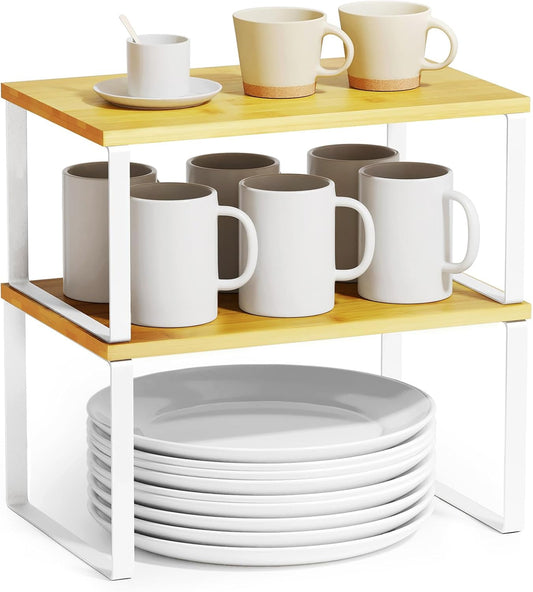 SpaceAid Cabinet Shelf Organizers 2 Pack, Kitchen Counter Rack Shelves Riser, Stackable Expandable Spice Rack, Pantry Cupboard Storage Organization (White and Natural, Short)