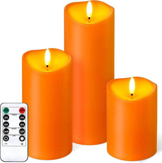 NURADA Outdoor Flameless Candles with Remote Timer - Waterproof Realistic Flickering LED Pillar Electric Battery Operated Fake Candle for Halloween Home Fireplace Decor - 3 Pack Orange (D3”H4”6”8”)