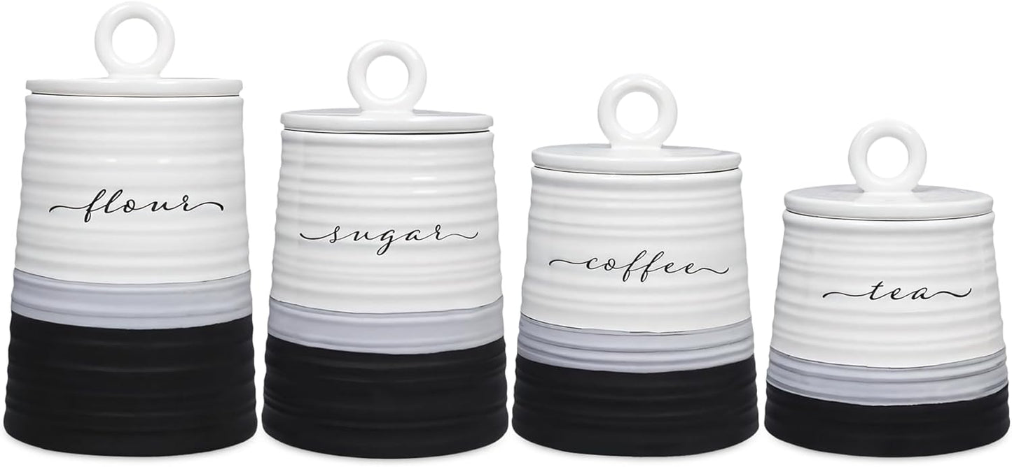 Young's Inc. 4 Pcs Set Rustic Modern Ceramic Canisters- Storage Container for Kitchen and Bathroom - Beautiful Home Decor Accent to Store Food, Coffee, Tea, and More - Black, White