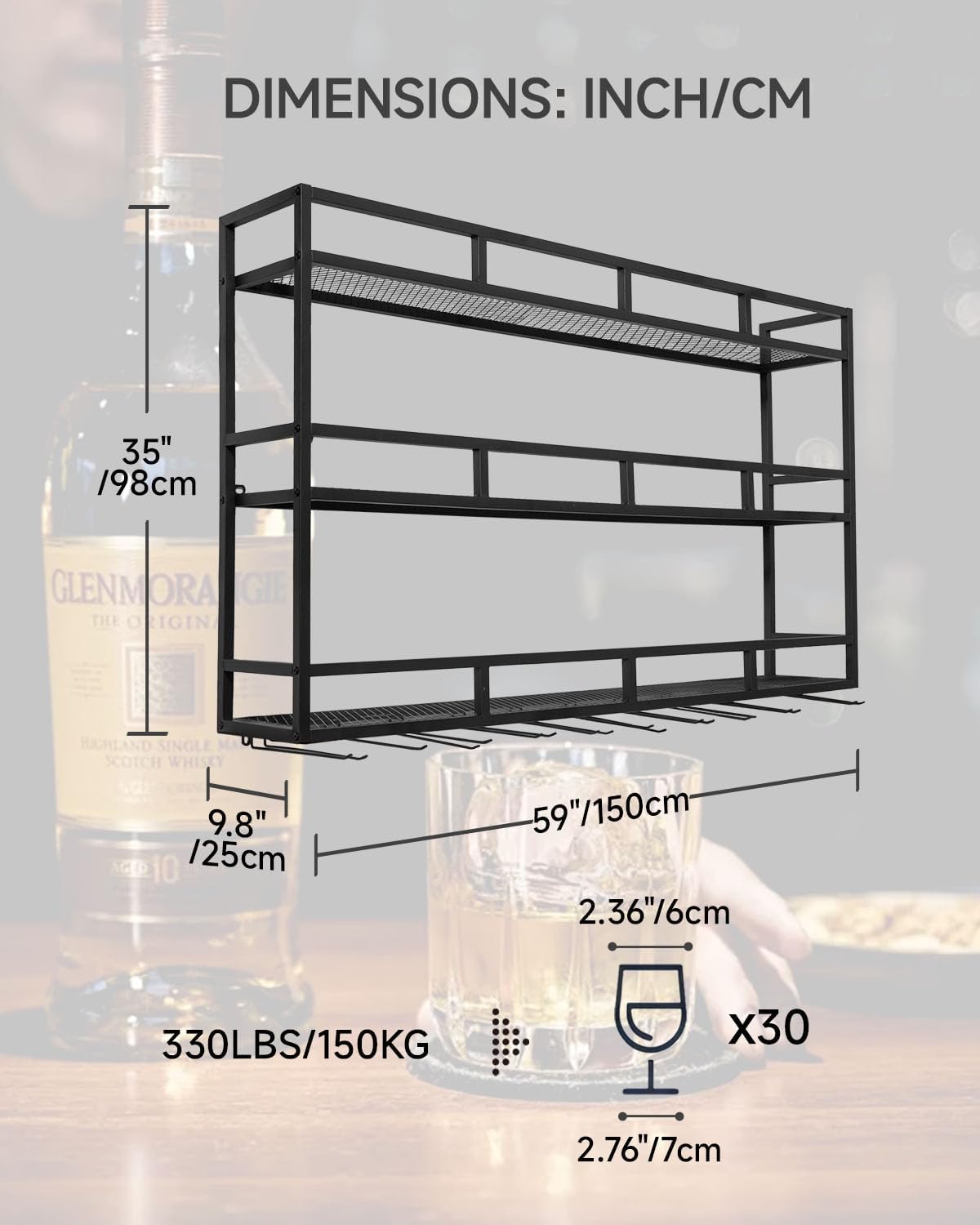 59" Large Wine Rack Wall Mounted with Bottle Glass Holder, 3-Tiers Metal Liquor Floating Shelves with LED Light, Wall Bar Shelf for Home, Restaurant, Commercial Bar, Kitchen Storage Display