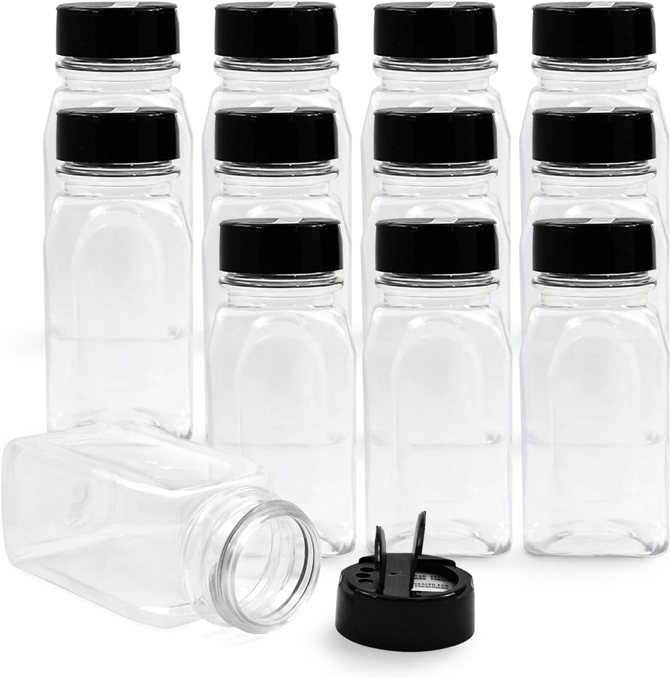RoyalHouse 12 Pack 9.5 Oz Plastic Spice Jars with Black Cap, Clear and Safe Plastic Bottle Containers with Shaker Lids for Storing Spice, Herbs and Seasoning Powders, BPA Free, Made in USA