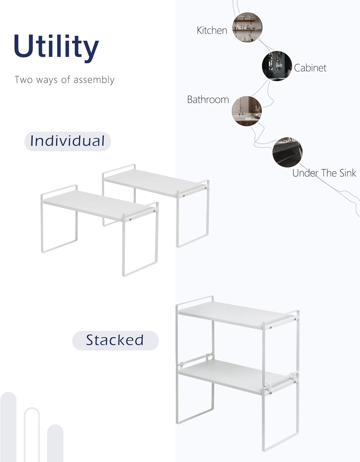 Nxconsu 2Pack Cabinet Shelves Stackable Shelf Organizer Rack Riser for Kitchen Cabinet Pantry Cupboard Counter Countertop Home Organization Storage Space Saver Heavy Duty Metal Nonslip White Wide Tall