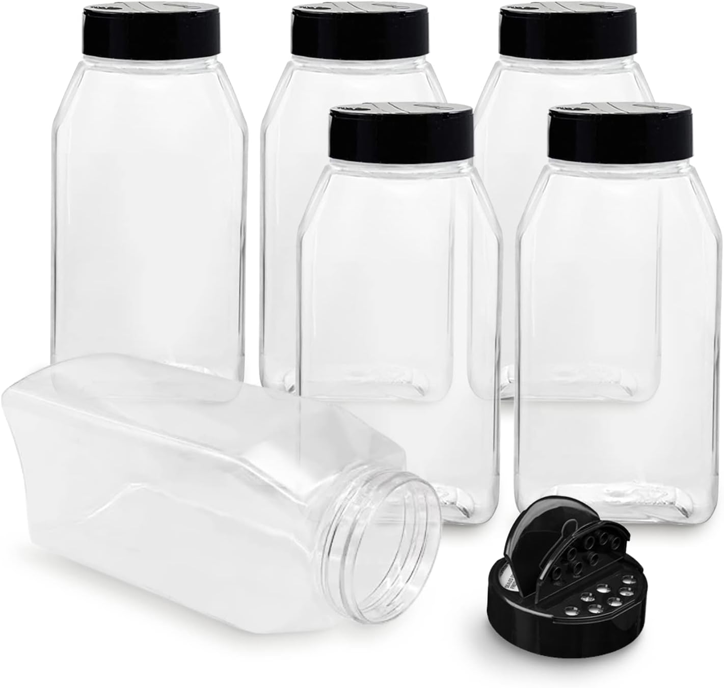 ROYALHOUSE 6 PACK 32 Oz with Black Cap, Plastic Spice Jars Bottles Containers, Perfect for Storing Spice, Herbs and Powders, Lined Cap, Safe Plastic, PET, BPA free, Made in the USA