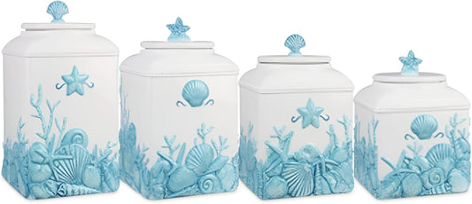 Young's Inc. 4 Pcs Set Blue Lagoon Nautical Ceramic Canisters- Storage Container for Kitchen and Bathroom - Beautiful Home Decor Accent to Store Food, Coffee, Tea, and More - White, Blue