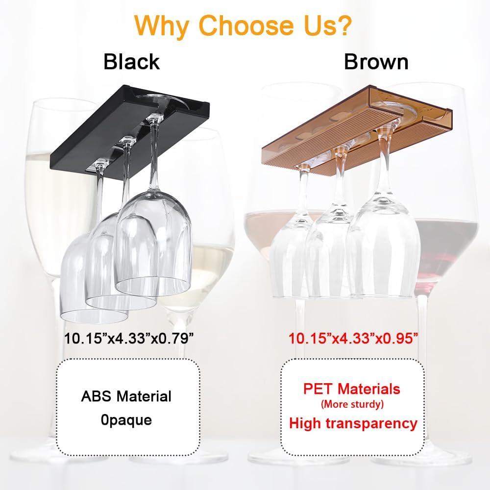 4 Pcs Wine Glass Holder Under Cabinet,Plastic Stemware Rack Punch-free Hanger Under Counter for Bar,Kitchen and Restaurant(Brown)