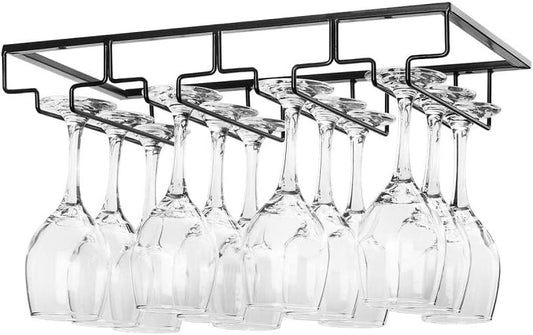 Wine Glass Rack Under Cabinet - Stemware Holder Metal Wine Glass Organizer Glasses Storage Hanger for Bar Kitchen Black 4 Rows
