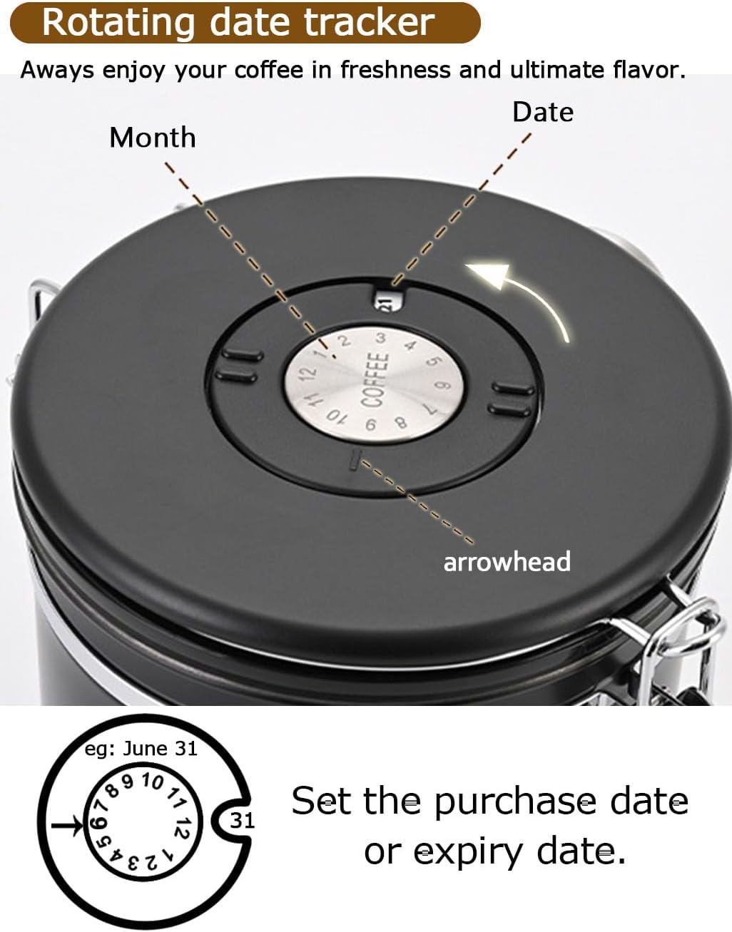 Coffee Canister Airtight Storage Container 1.8L Stainless Steel Air Tight Coffee Jar with Scoop, Date Tracker CO2 Release Valve for Dry Food, Beans, Ground, Tea, Flour, Cereal and Sugar (Silver)