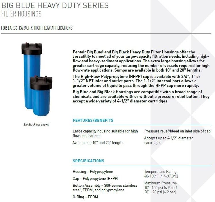 Pentair Pentek 150233 Big Blue Carbon Water Filter, 20-Inch, Whole House Heavy Duty Radial, Reduces Sediment and Chlorine Taste & Odor