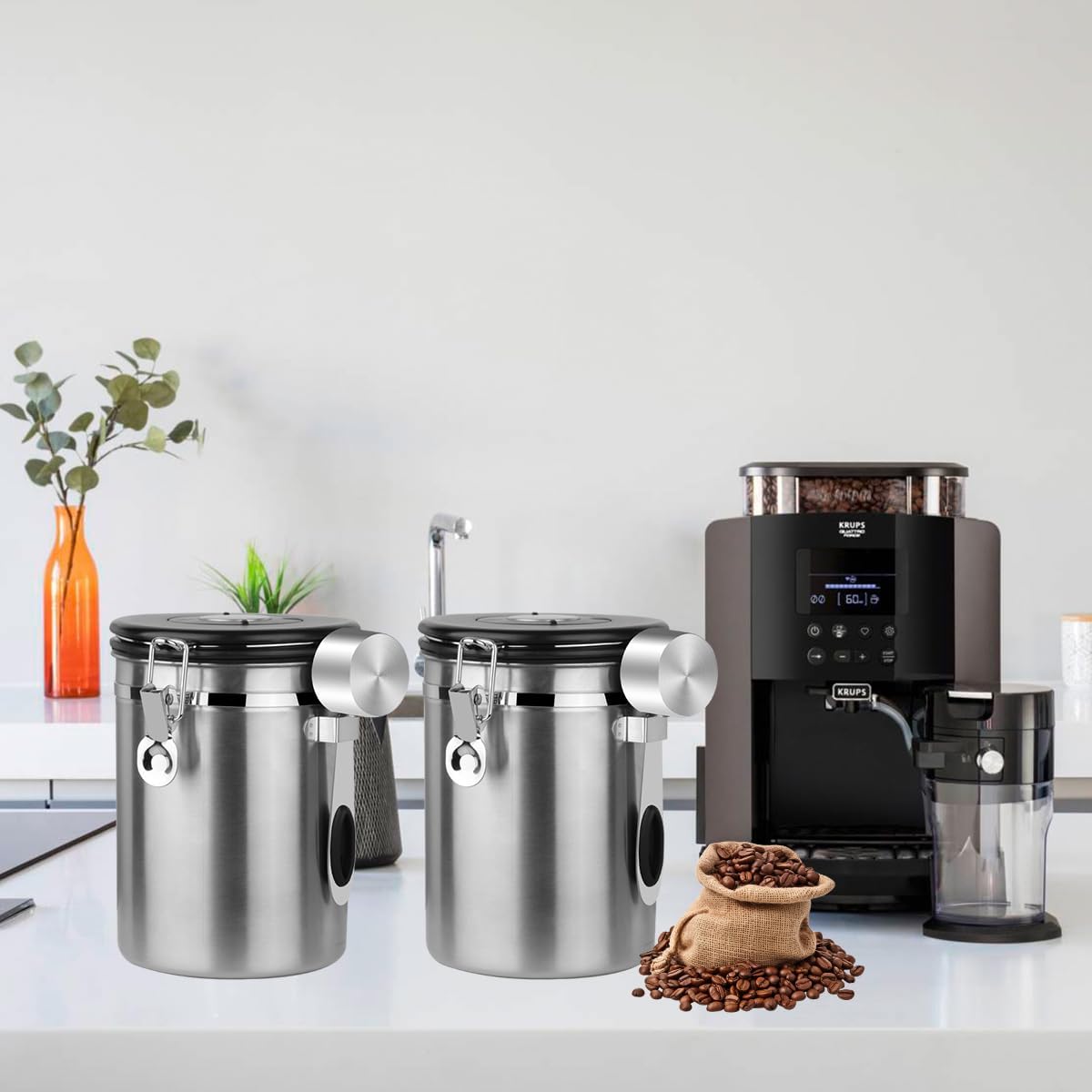 Coffee Canister Airtight Storage Container Stainless Steel Air Tight Coffee Jar with Scoop, Date Tracker CO2 Release Valve for Dry Food, Beans, Ground, Tea, Flour, Cereal and Sugar (1.8L-Silver-2pcs)