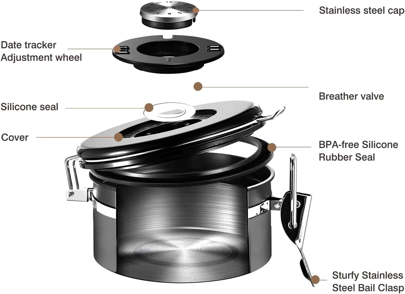 malmo Coffee Canister, Airtight Coffee Container with Date Tracker Lid, Stainless Steel Canister for Kitchen Food Storage (Gary, 9oz)