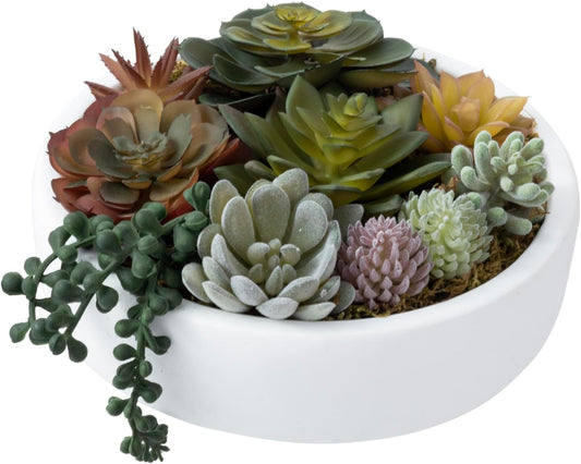 MyGift 8 Inch Round Modern Artificial Succulent Arrangement Potted in White Concrete Plant Bowl, Assorted Faux Mini Succulents in a Decorative Planter Pot