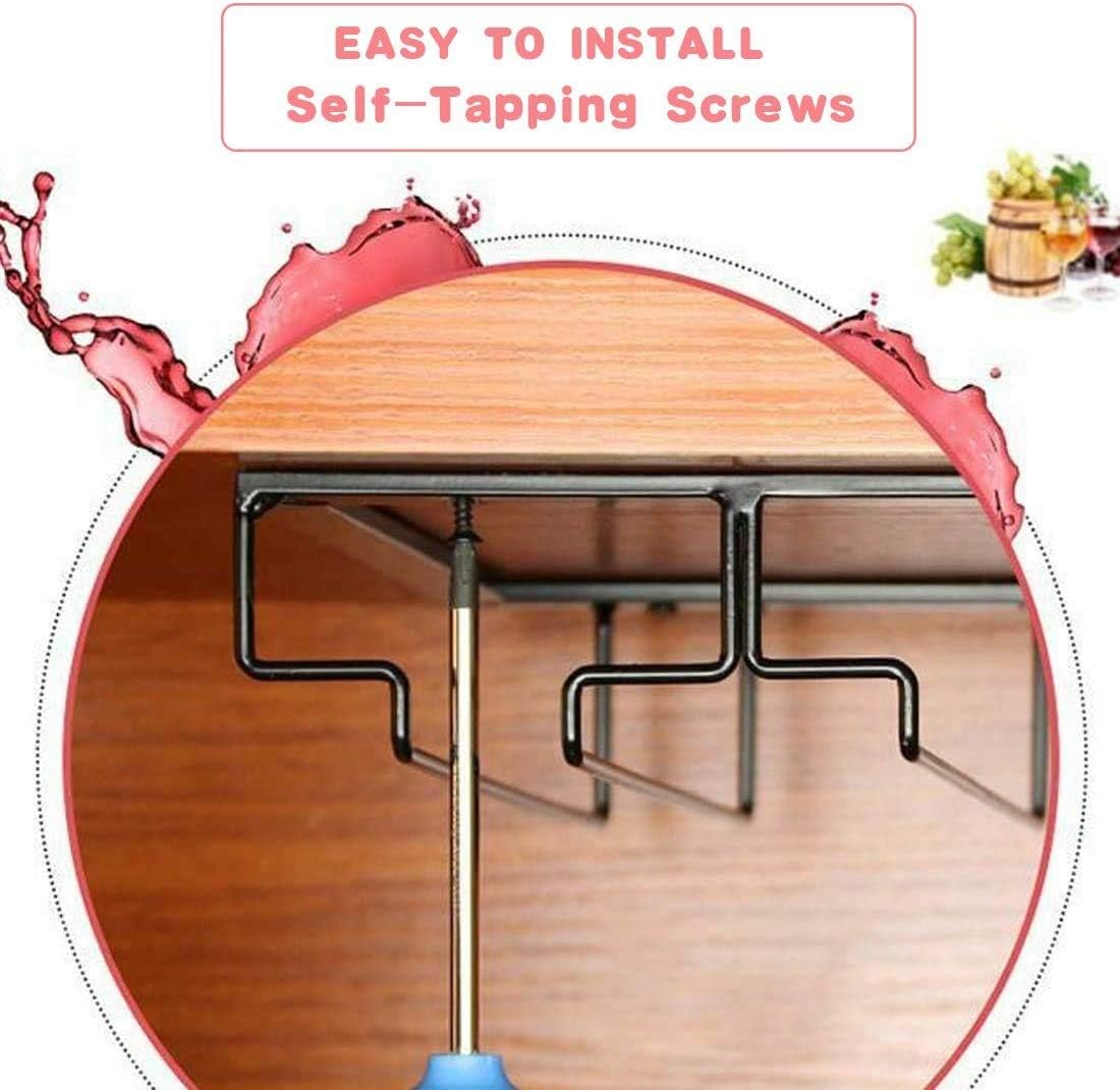 Wine Glass Rack Under Cabinet - Stemware Holder Metal Wine Glass Organizer Glasses Storage Hanger for Bar Kitchen Gold 4 Rows